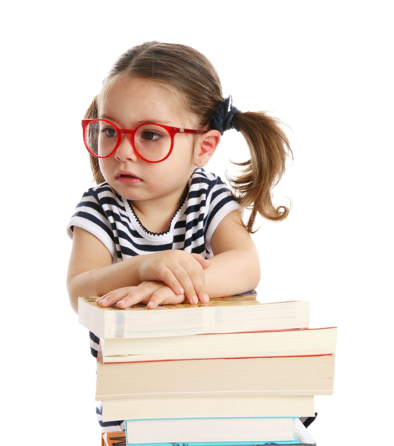 Girl with red glasses, hands on a stack of books, looking thoughtful.