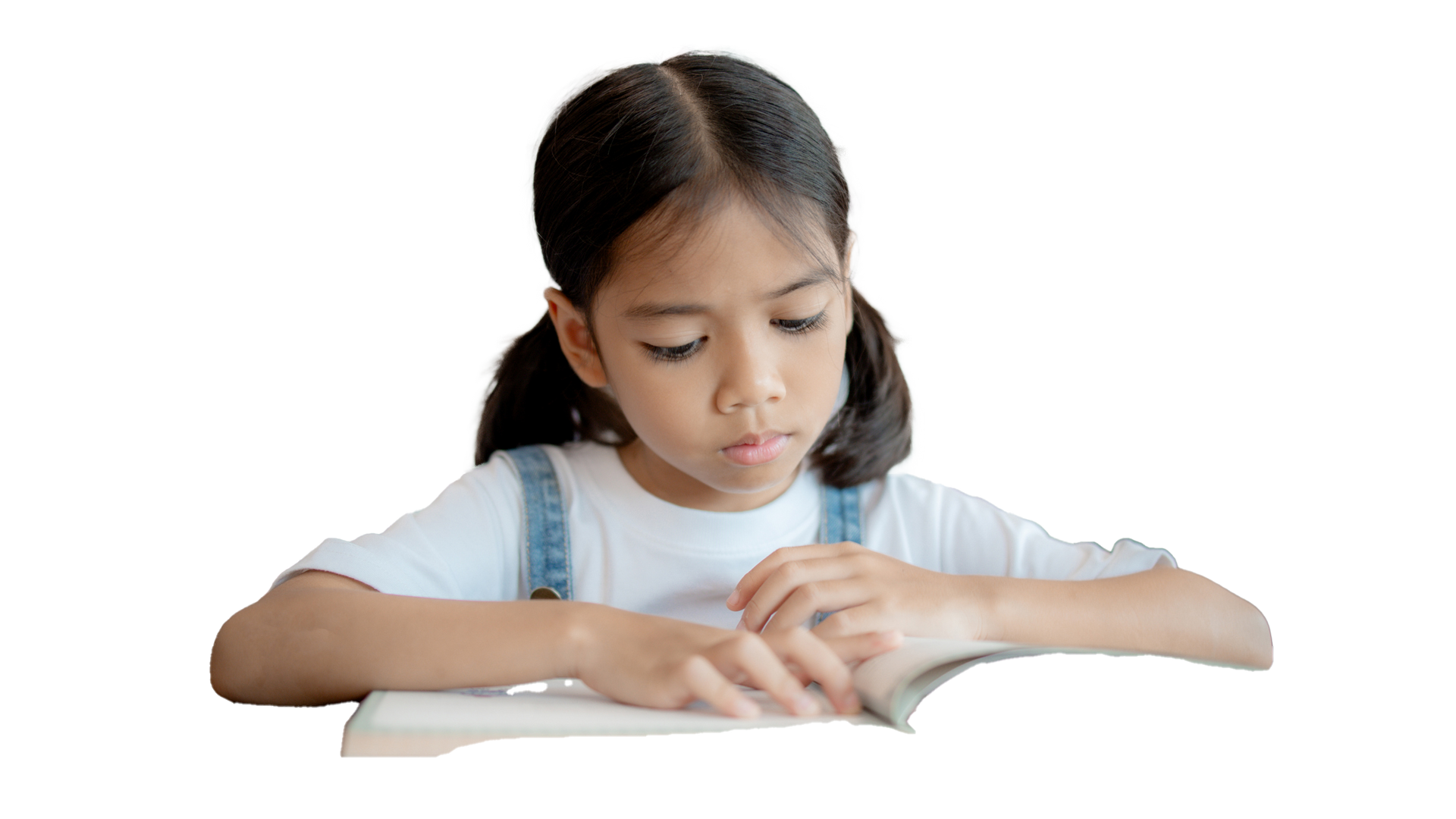 Girl with dark hair, wearing a white shirt, reading a book.