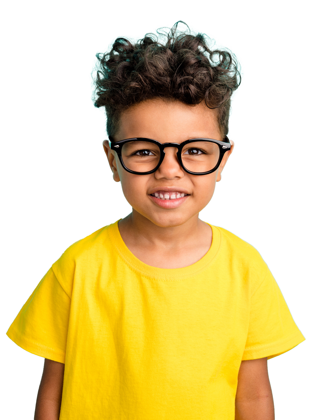 Young boy with curly hair wearing round glasses, smiling, in a yellow shirt. Young boy with curly hair wearing round glasses, smiling, in a yellow shirt.