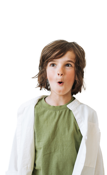 Boy with surprised expression, mouth open, wearing green shirt and white jacket, looking upwards.