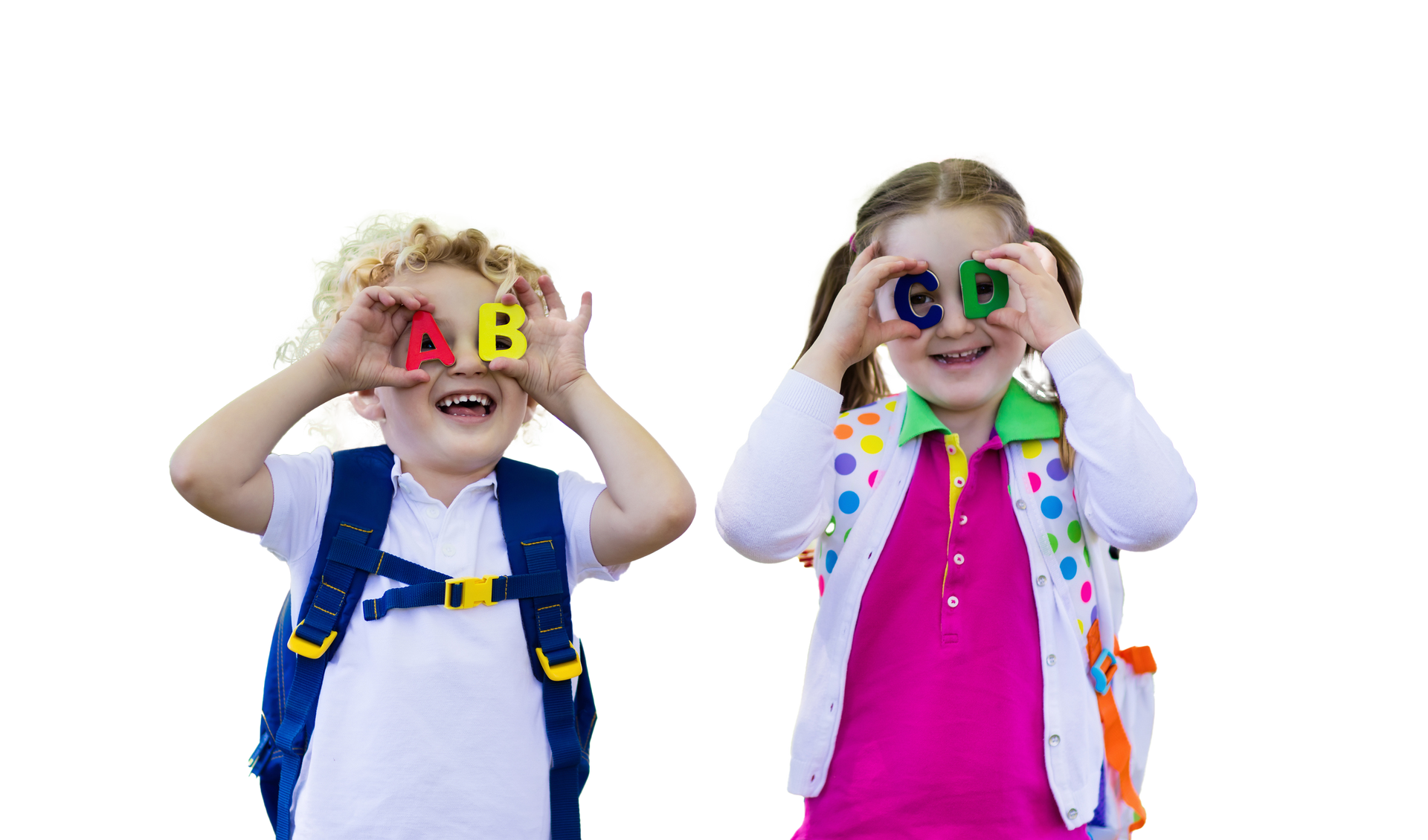 Two children holding alphabet letters over their eyes, smiling. One boy holds AB, the girl holds CDE.