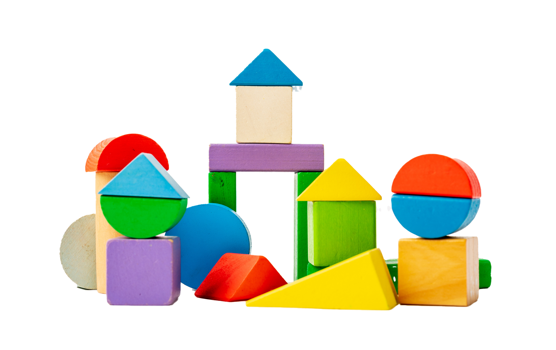 Colorful wooden building blocks arranged in a playful configuration.