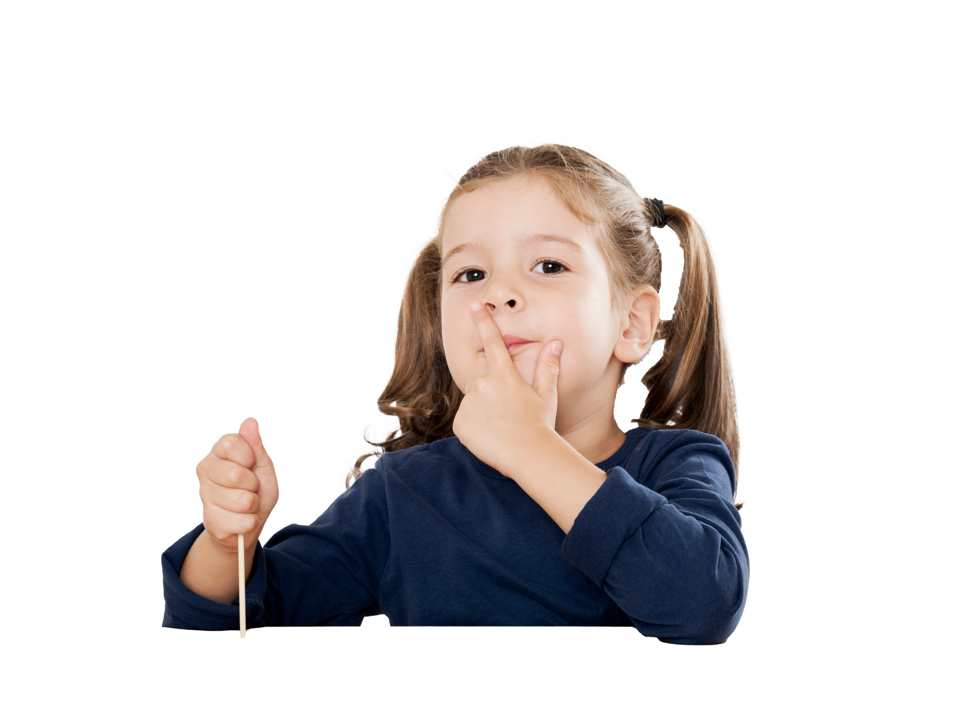 Girl in blue shirt with pigtails is picking her nose, holding a stick, with a white background.