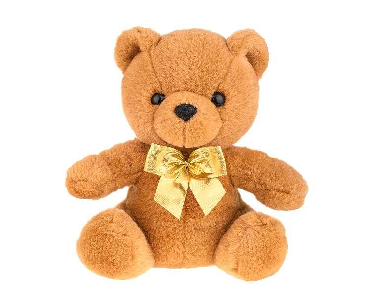 Brown teddy bear with gold bow tie.