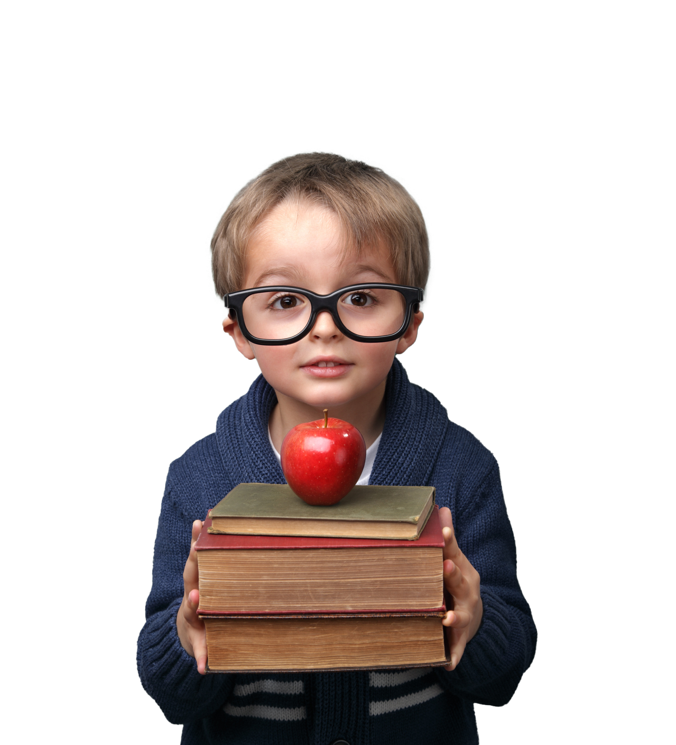 Boy with glasses holding books and a red apple.