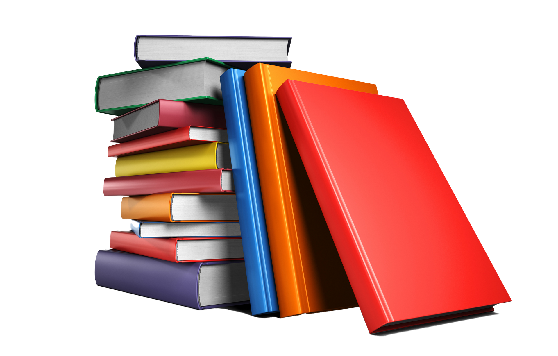 Stack of colorful books, leaning against each other.