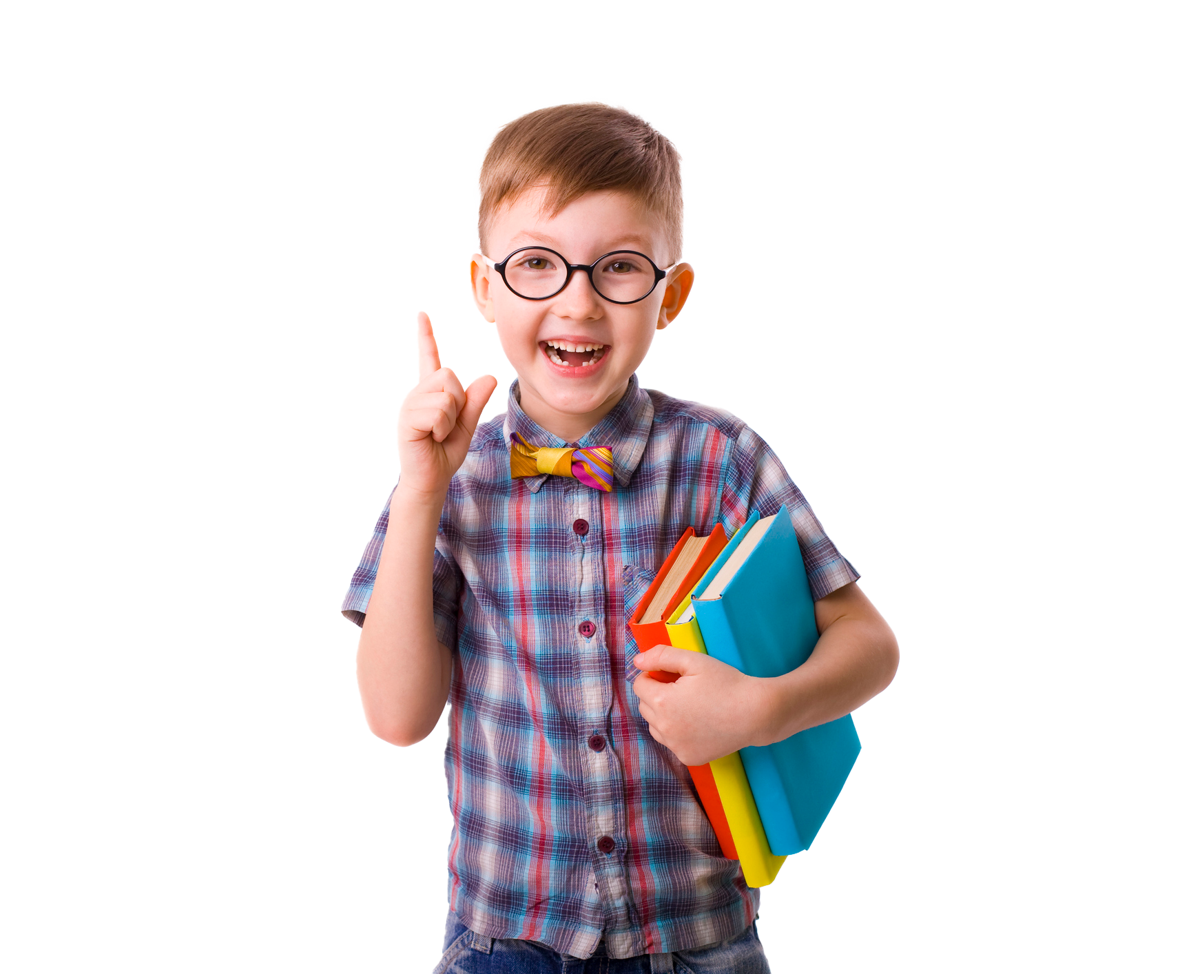 Boy with glasses and bow tie holds books, points up, smiling.