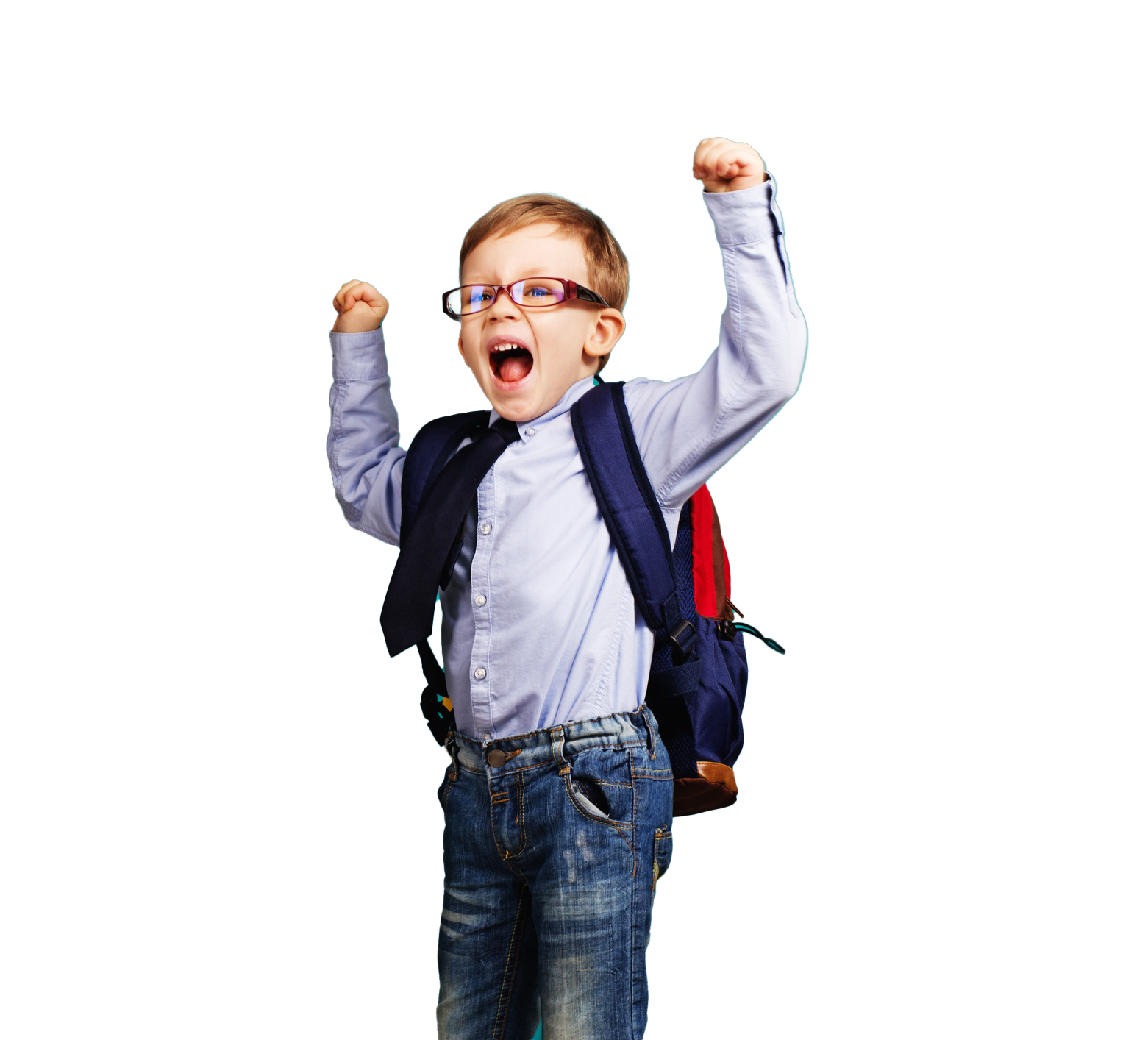 Boy in school uniform with backpack, arms raised in excitement, open mouth, wearing glasses.