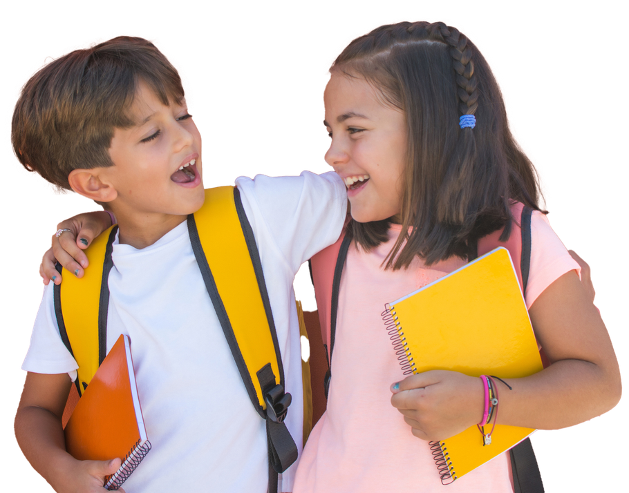 Two laughing children, a boy with his arm around the girl, both wearing backpacks and holding notebooks. Boy with yellow backpack and orange notebook laughs with girl in pink shirt, holding yellow notebook.