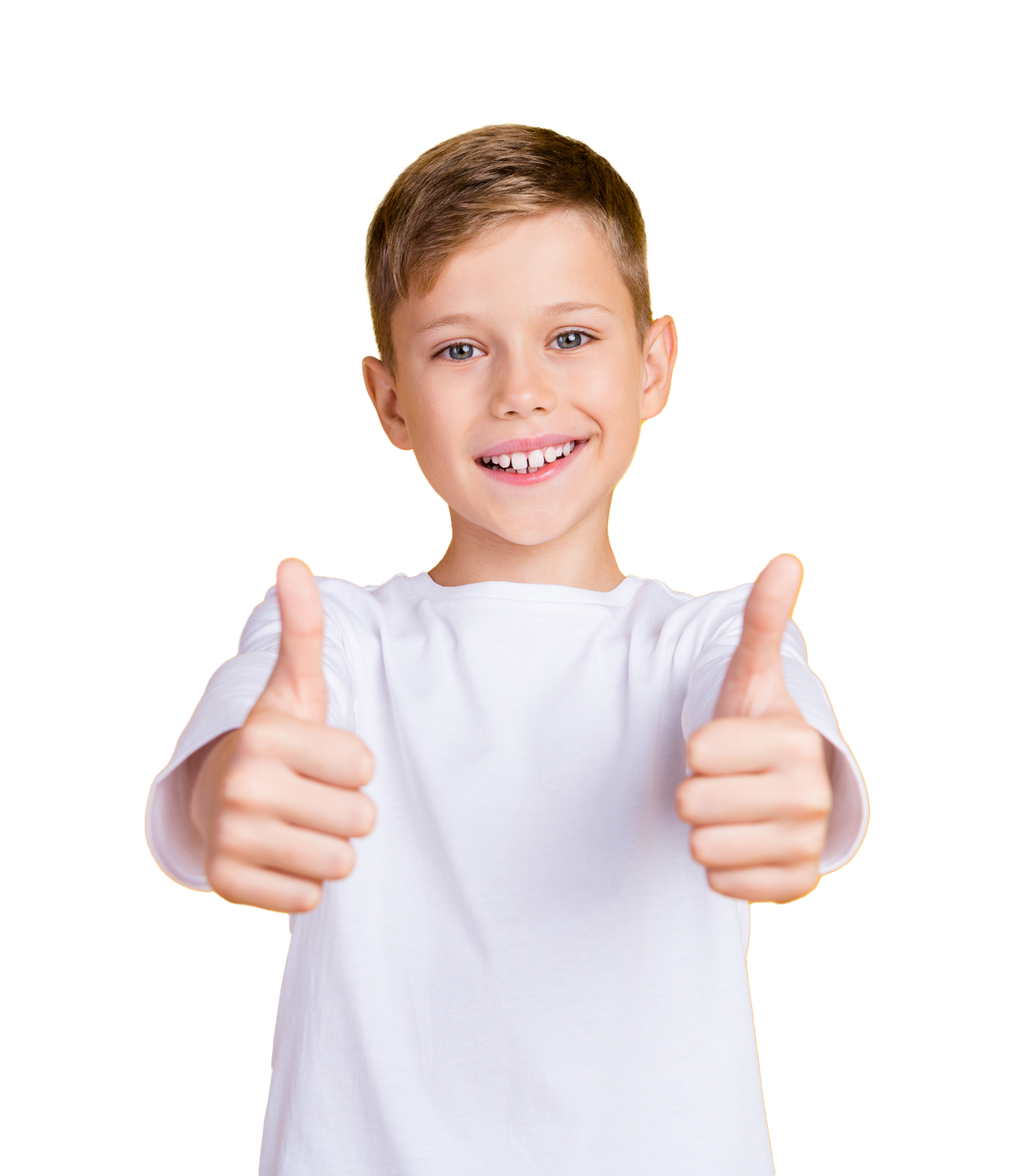 Boy with fair skin wearing a white t-shirt, smiling, giving thumbs up.