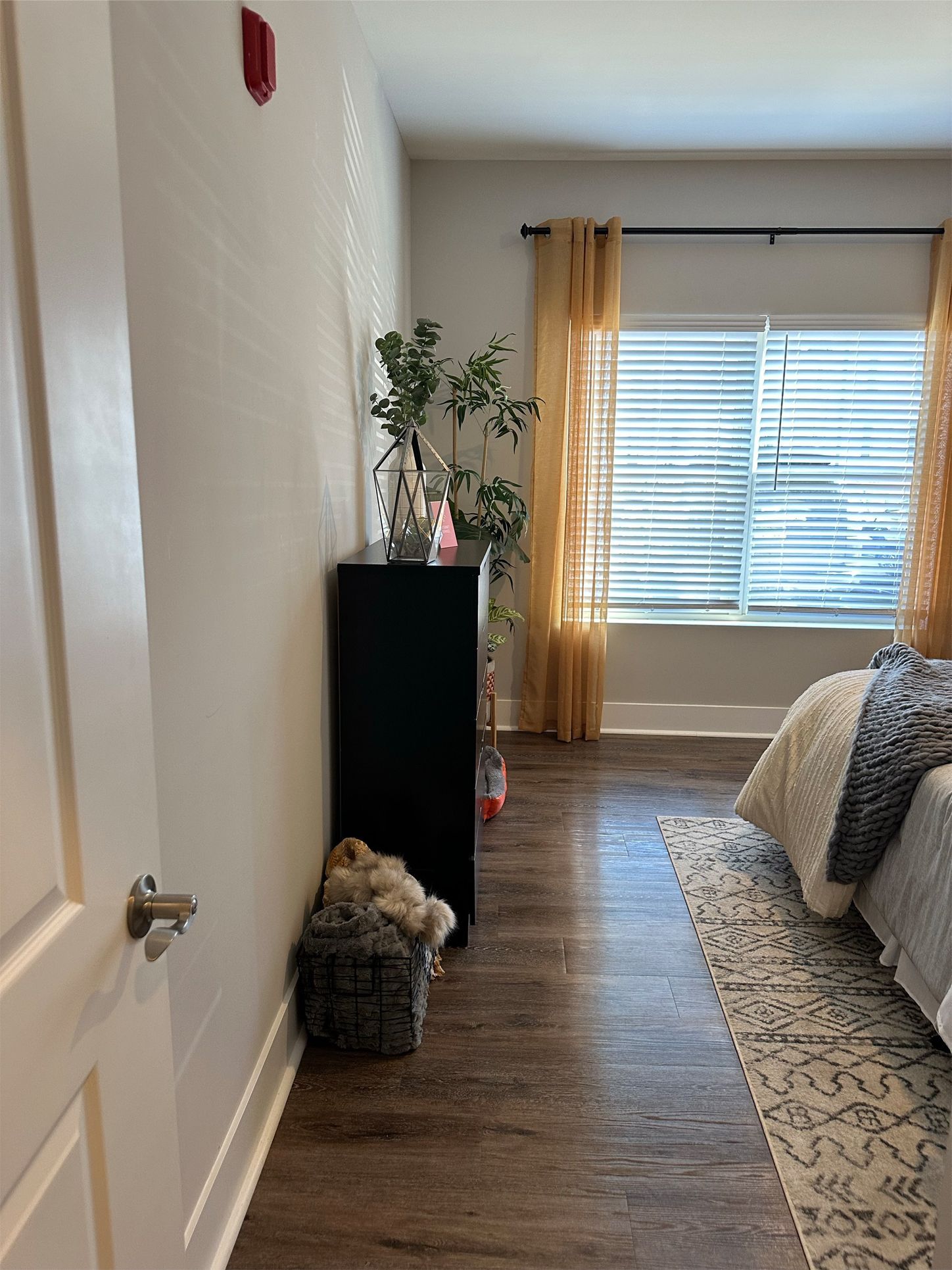 A bedroom with a bed , dresser , rug and window.
