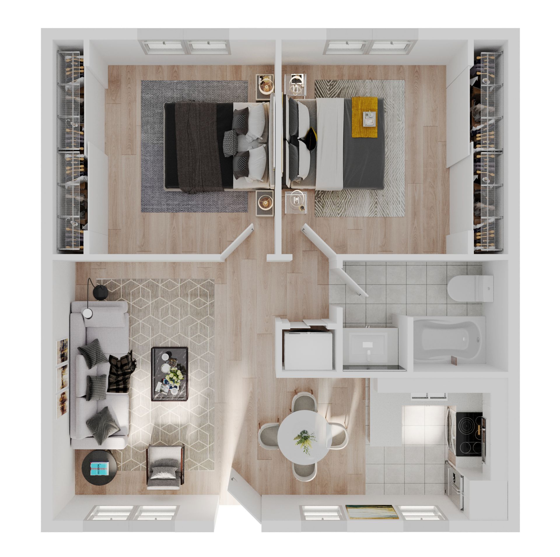 Matterport virtual tour of the Cambridge floor plan. This floor plan is a 2 bedroom and 1 bathroom with 635 square feet