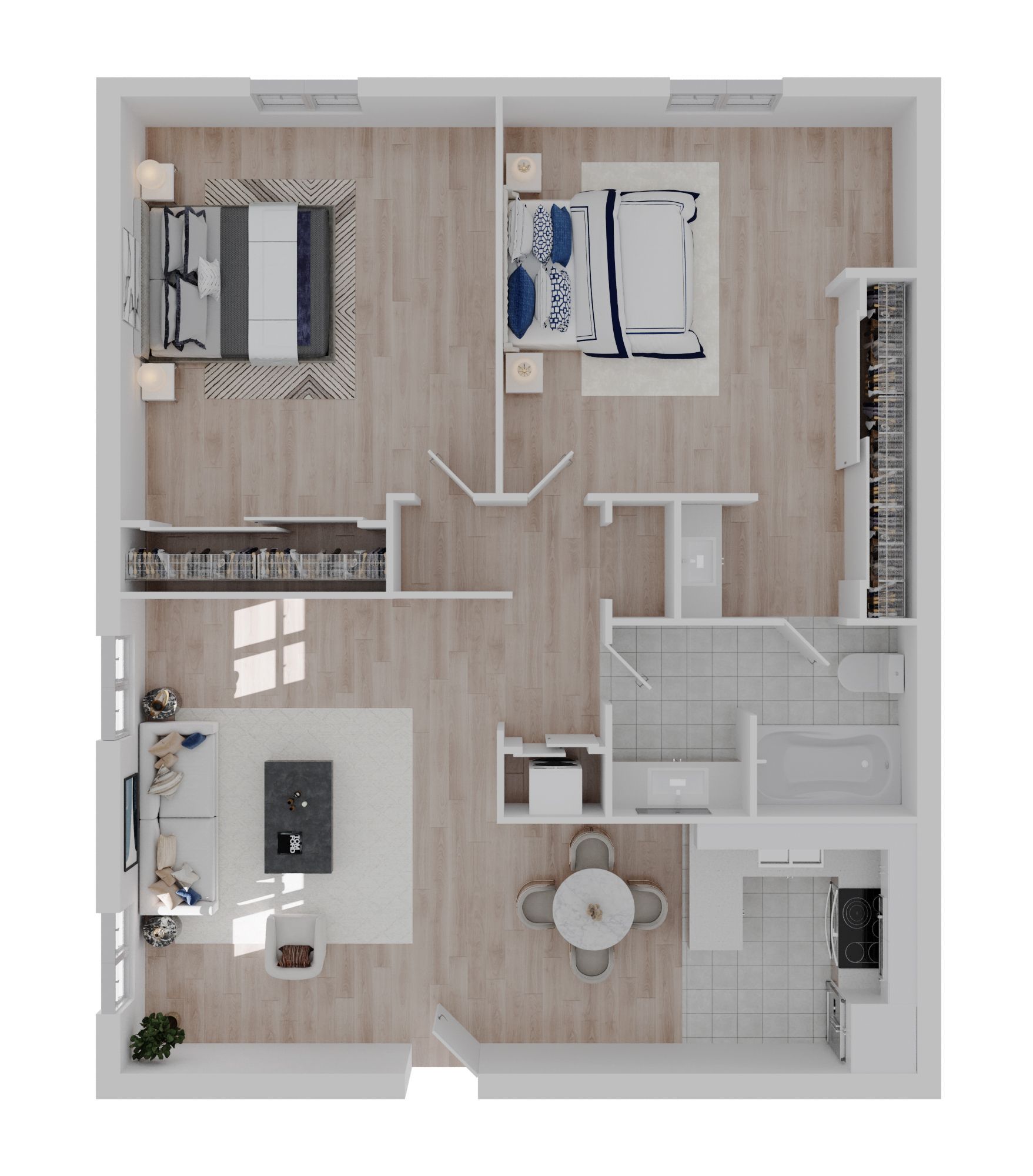Matterport virtual tour of the Dartmouth floor plan. This floor plan is a 2 bedroom and 1 bathroom with 768 square feet