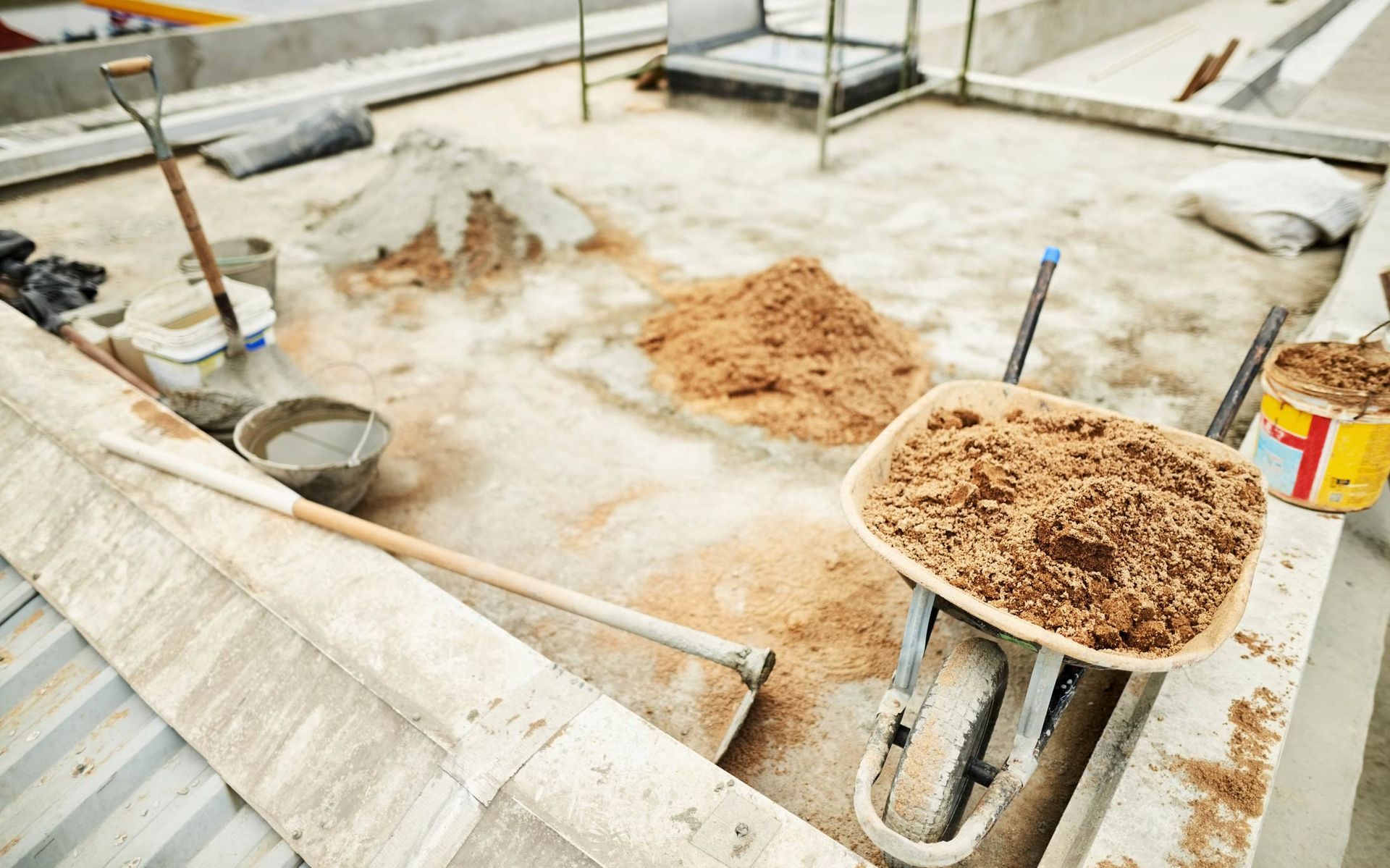 Shot of construction material with tools at a site