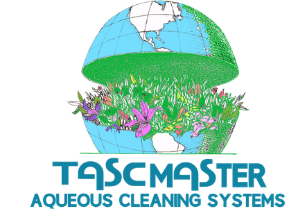 TascMaster Aqueous Cleaning Systems logo with globe and green grass, flowers, and water spray