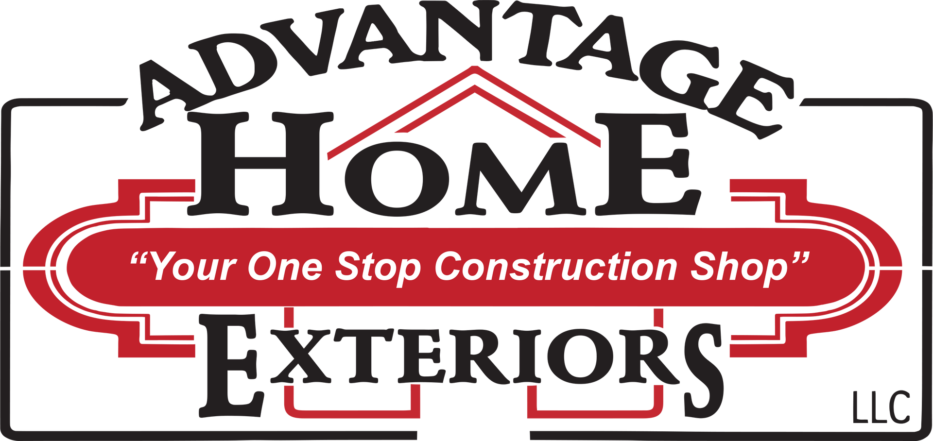 The logo for advantage home exteriors is a one stop construction shop.