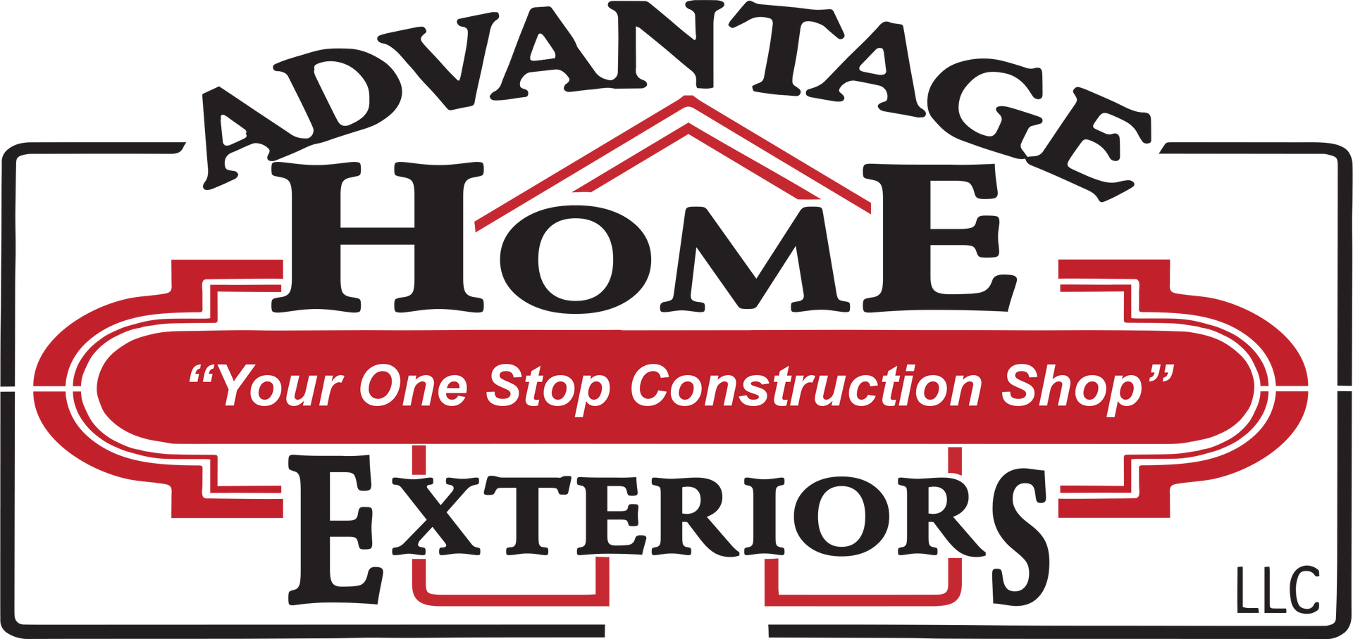 The logo for advantage home exteriors is a one stop construction shop.