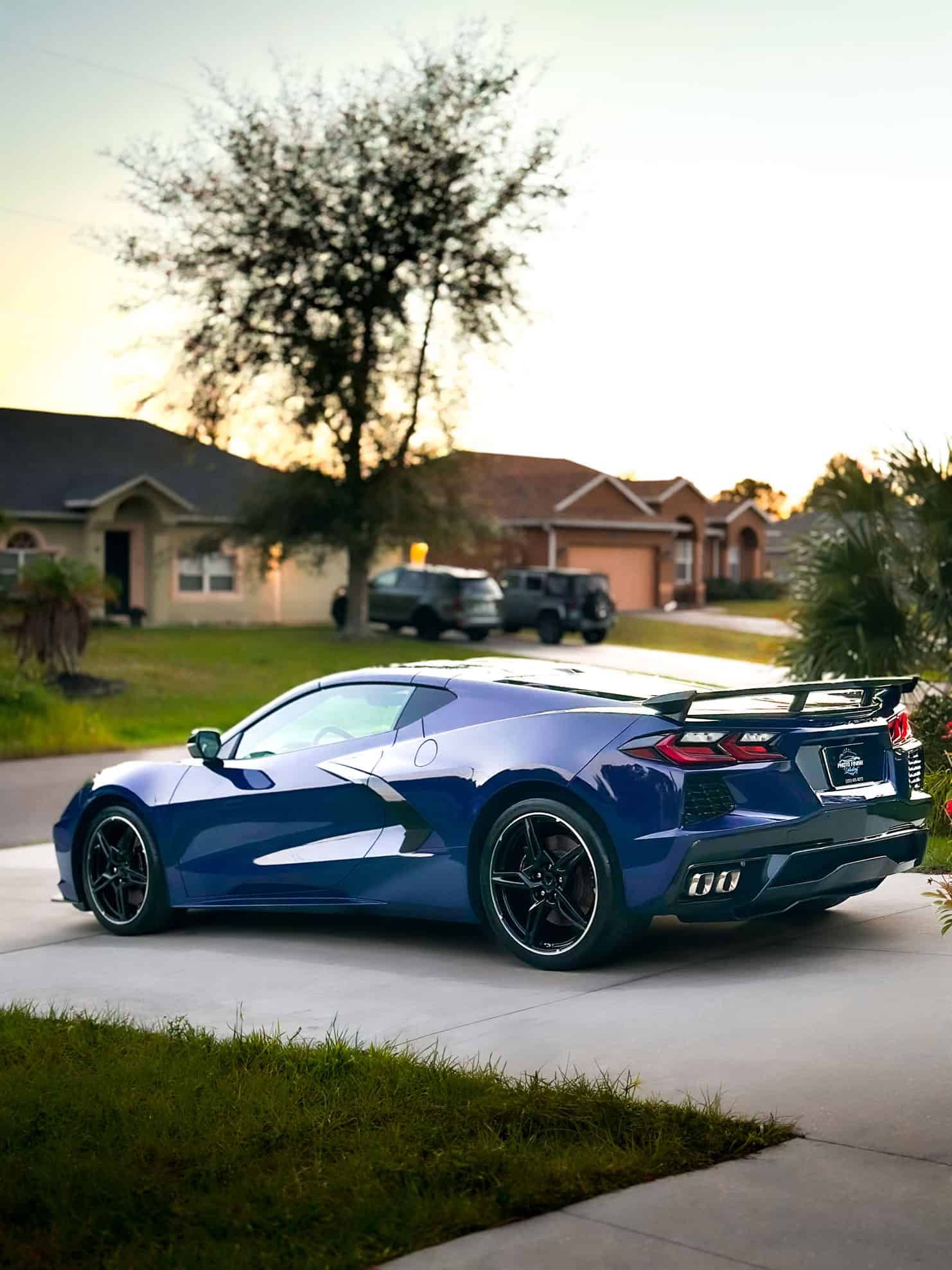 a ceramic-coated Hysteria Purple 2025 C8 Chevrolet Corvette Stingray during golden hour