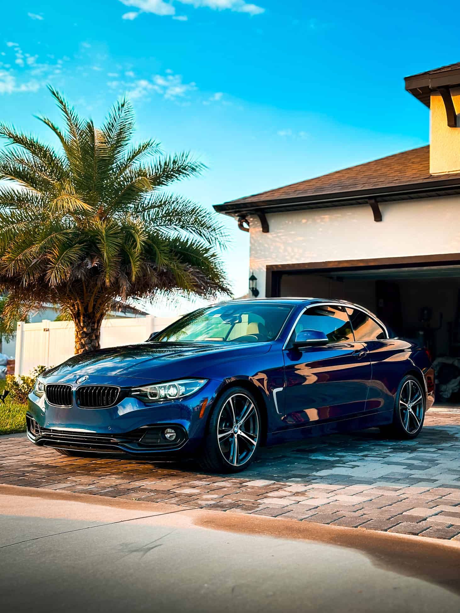 a Blue 2018 Ceramic Coated BMW 440i with a beautiful Palm Tree Behind it in Merritt Island, FL