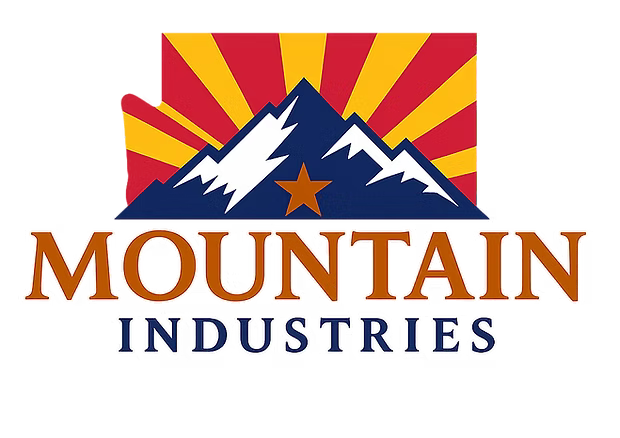 Logo: Blue mountains over brown text "MOUNTAIN INDUSTRIES" with state outline and sunburst background.
