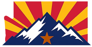Arizona state flag-inspired design: mountains, gold star, red/gold sunburst, and state outline.