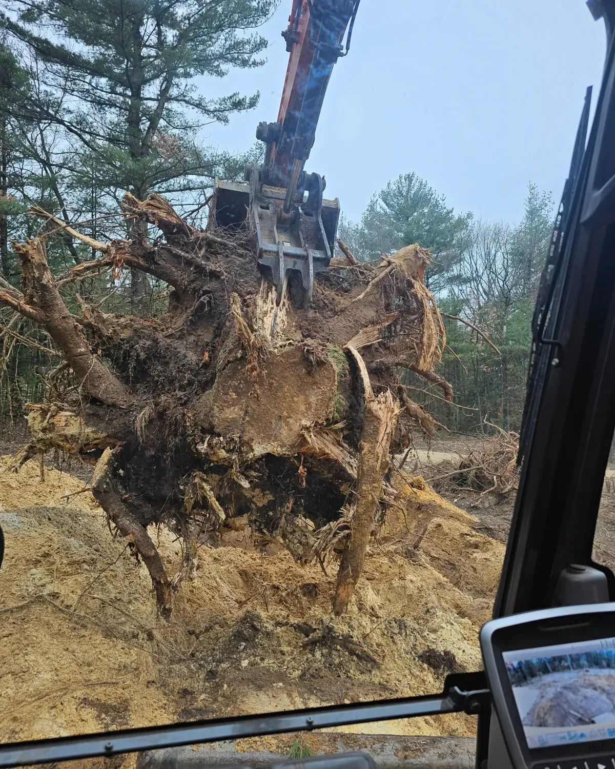 A large tree stump is being lifted by a crane.