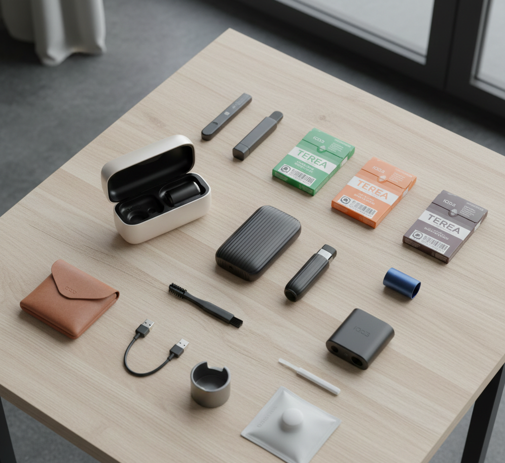 Vari dispositivi e accessori per lo svapo su un tavolo di legno, tra cui cartucce, caricabatterie e custodie per il trasporto.