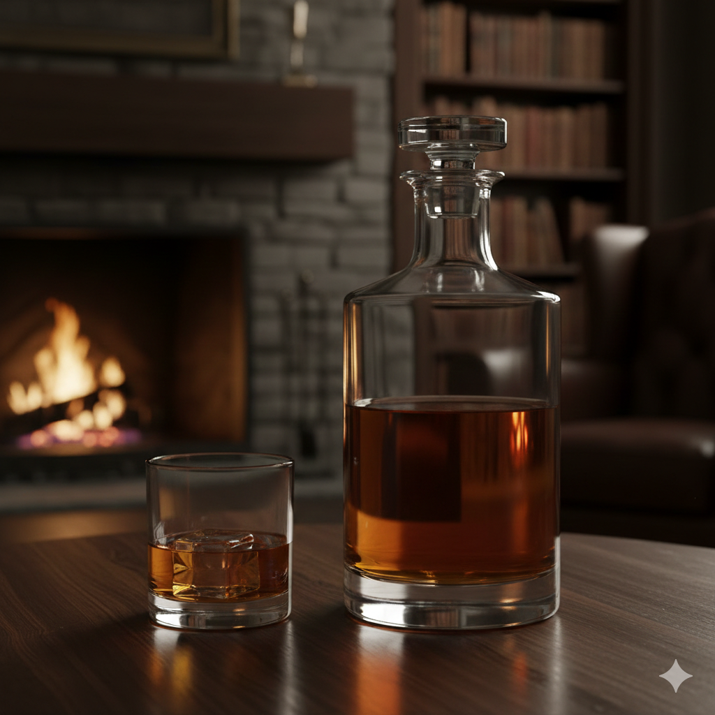 Decanter da whisky e bicchiere da cocktail con ghiaccio su un tavolo di legno, camino e libreria sullo sfondo.