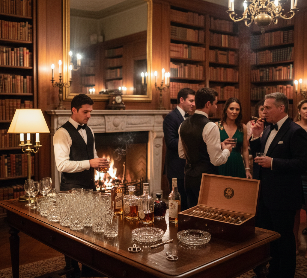 Un cocktail party in una biblioteca rivestita in legno. Un barista prepara i drink, gli ospiti si incontrano, un uomo fuma un sigaro.