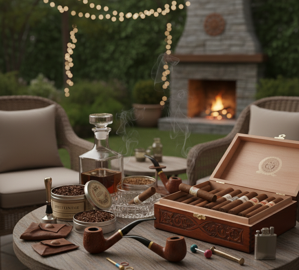 Scena all'aperto: sigari, pipe e liquori su un tavolo vicino al camino, con posti a sedere e luci a stringa.