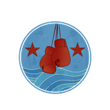 Red boxing gloves hanging, flanked by red stars, over blue waves within a circle.