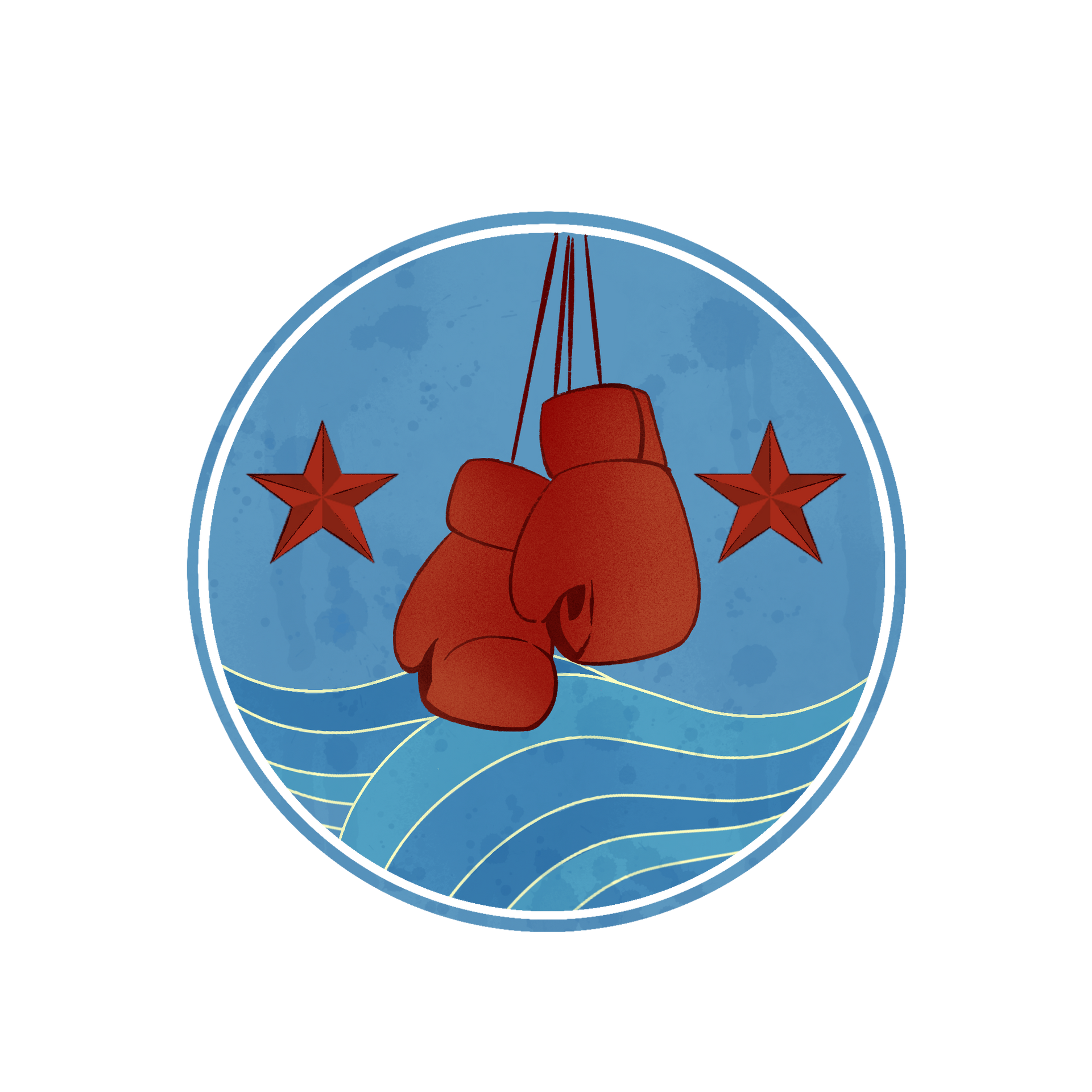 Red boxing gloves hanging, flanked by red stars, over blue waves within a circle.