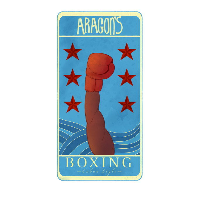Aragon's Boxing sign, blue with red stars, an arm with a red boxing glove.