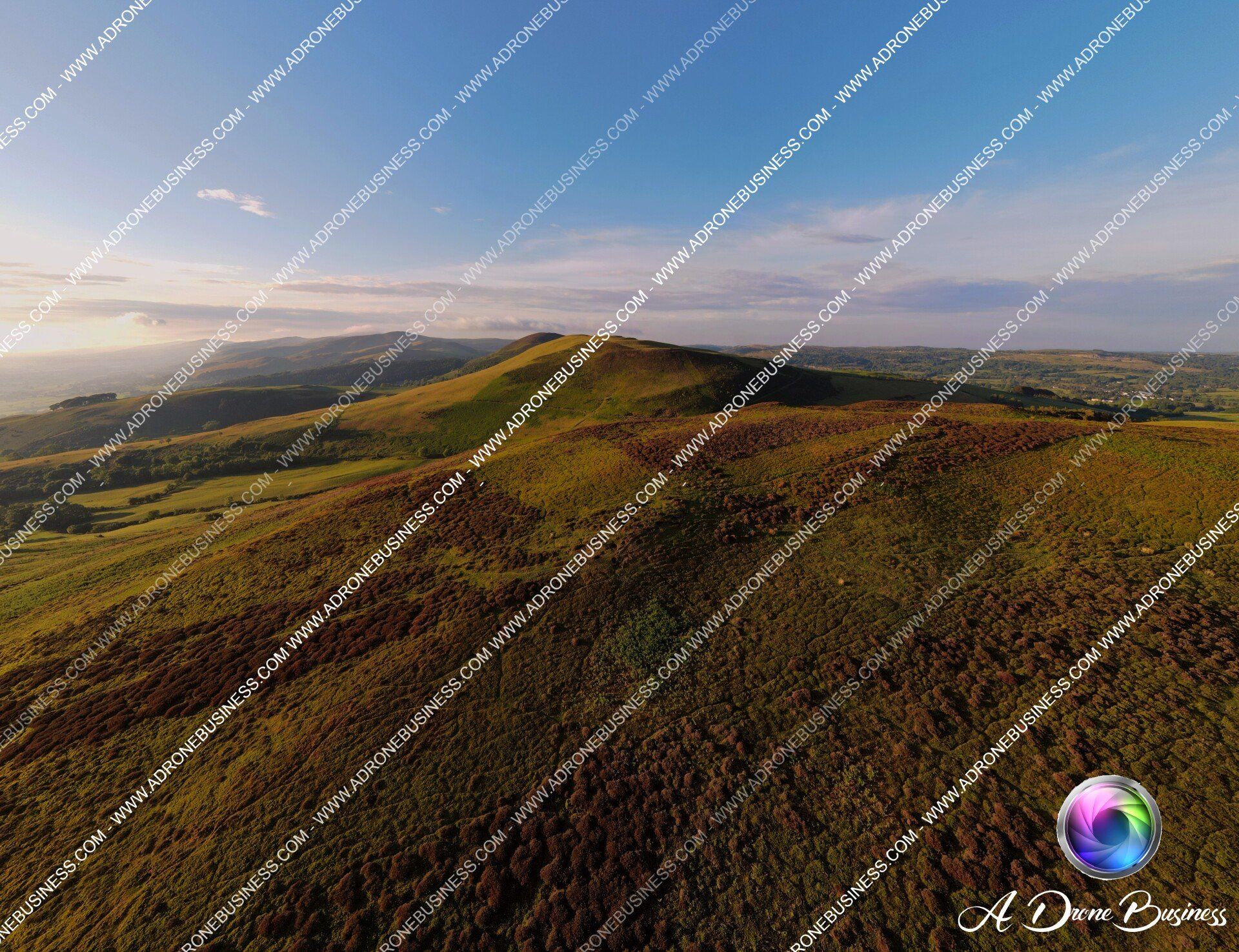 Drone Aerial Photograph overlooking Moel Famau, and the Clwydian range of hills in Flintshire, North Wales