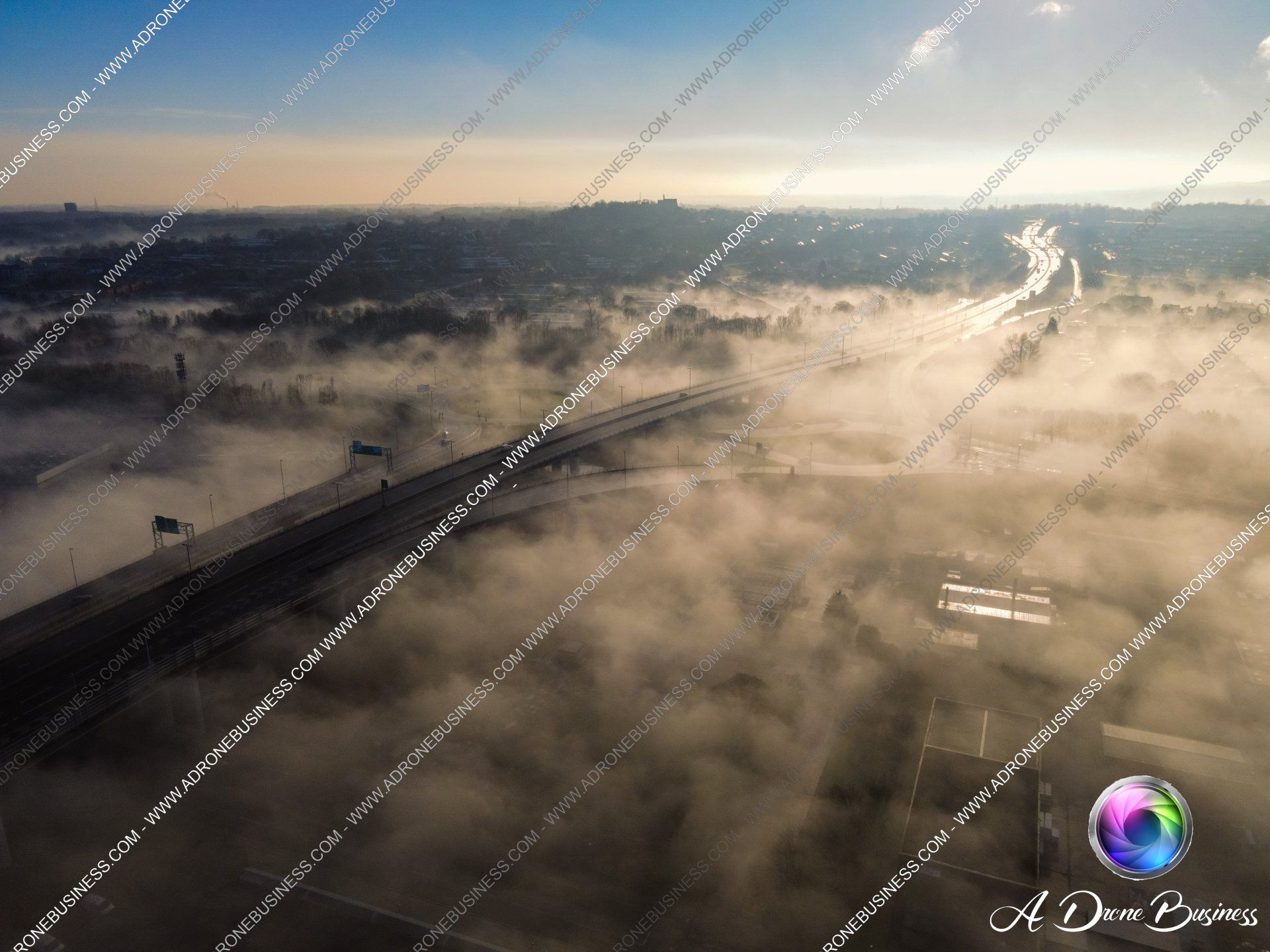 Road approaching Halton Mersey Gateway Bridge covered in mist
