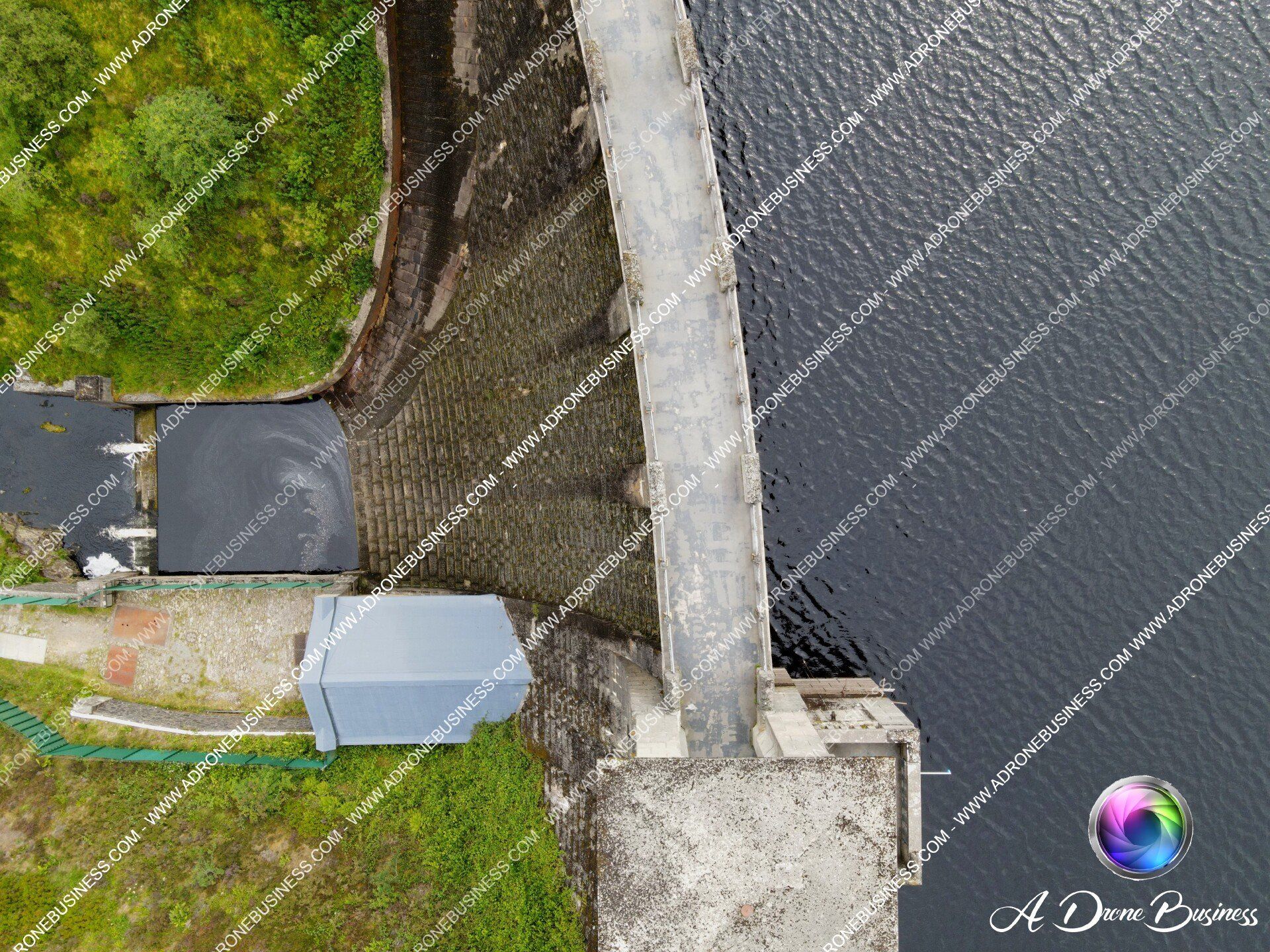 Drone photograph of Alwen Reservoir Dam, Wales, Denbigh