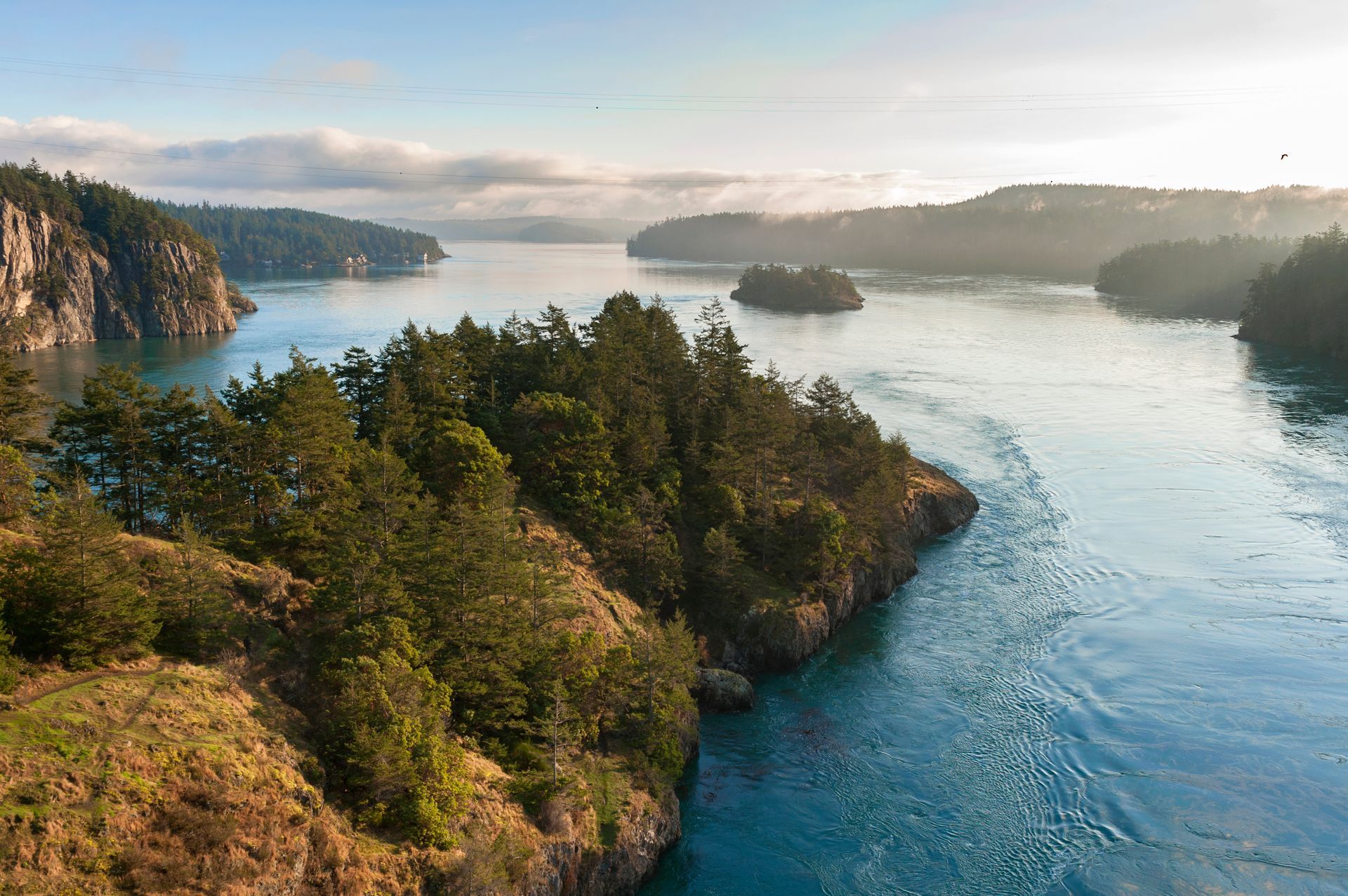 An aerial view of a large body of water surrounded by trees.