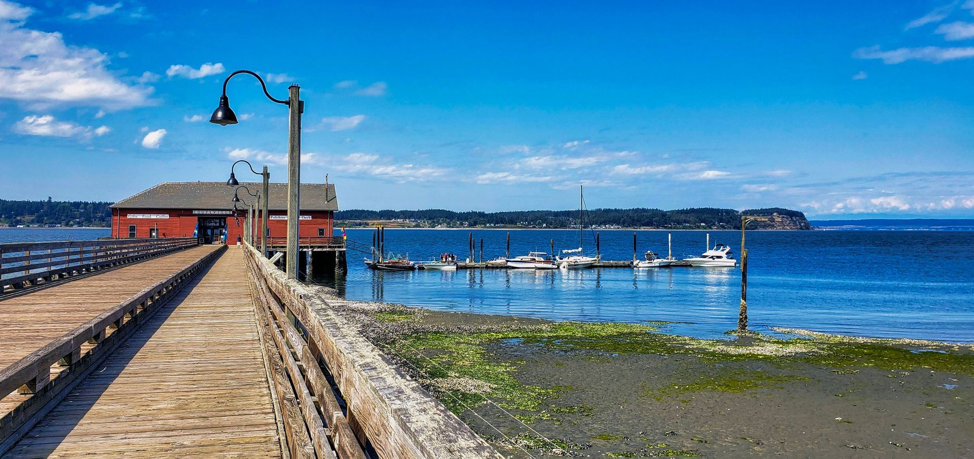 A wooden pier leading to a body of water with boats docked.