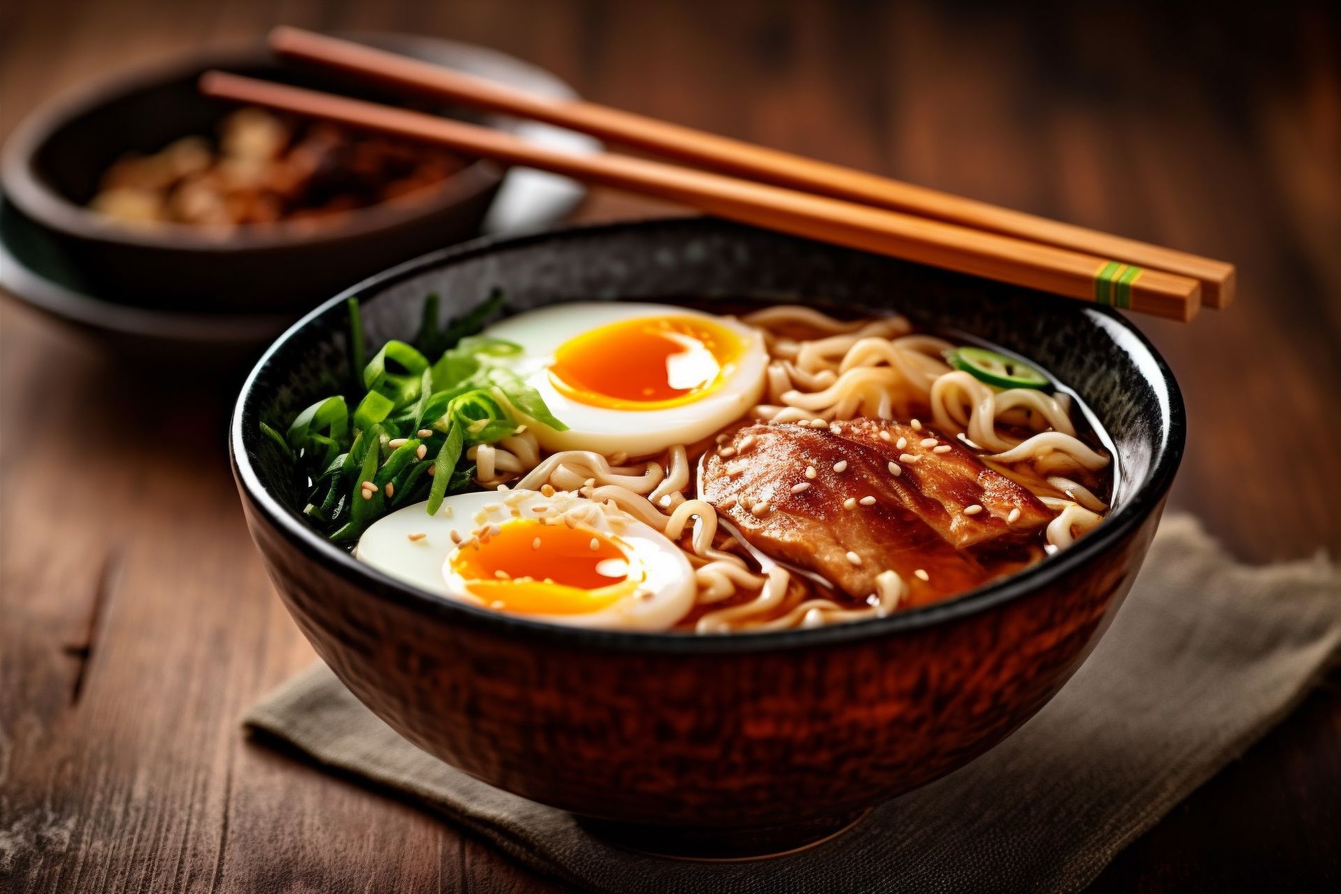 A bowl of ramen with eggs and chopsticks on a wooden table.