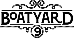 A black and white logo for boatyard 9 on a white background.