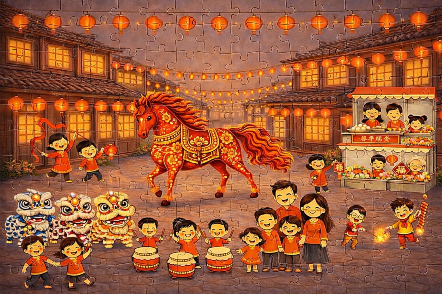 Lunar New Year jigsaw puzzle featuring children celebrating with lanterns, lion dancers, drums, and a red fire horse