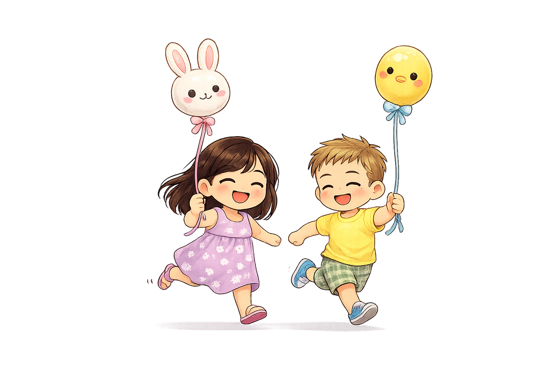 Happy children with Easter bunny and chick balloons, playful spring illustration for Culture Hop
