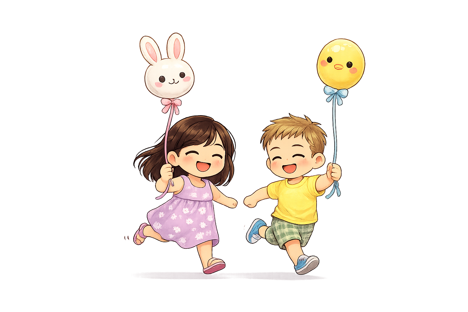 Happy children with Easter bunny and chick balloons, playful spring illustration for Culture Hop
