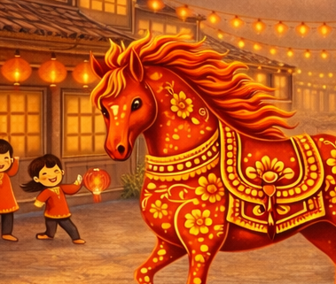 Chinese New Year horse lantern scene, Lunar New Year jigsaw puzzle artwork with traditional festival lights
