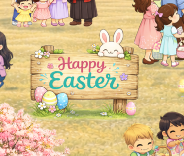 Happy Easter sign with bunny and eggs, detailed scene from Easter jigsaw puzzle for kids and families

