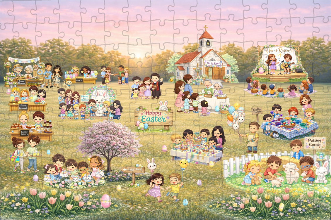 Finished Easter jigsaw puzzle for kids and families, 150-piece egg hunt scene with church and spring festival
