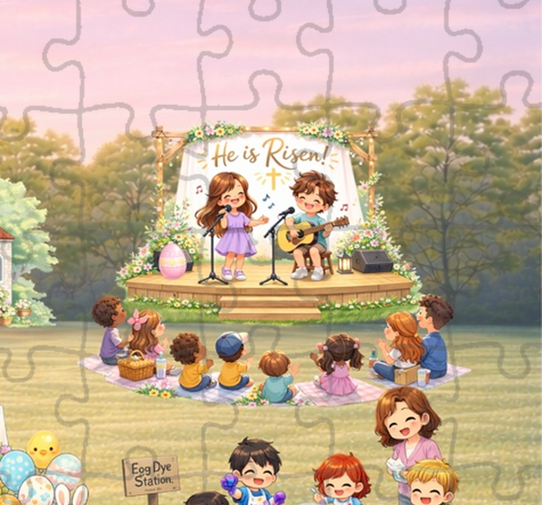 Happy Easter sign with bunny and eggs, detailed scene from Easter jigsaw puzzle for kids and families