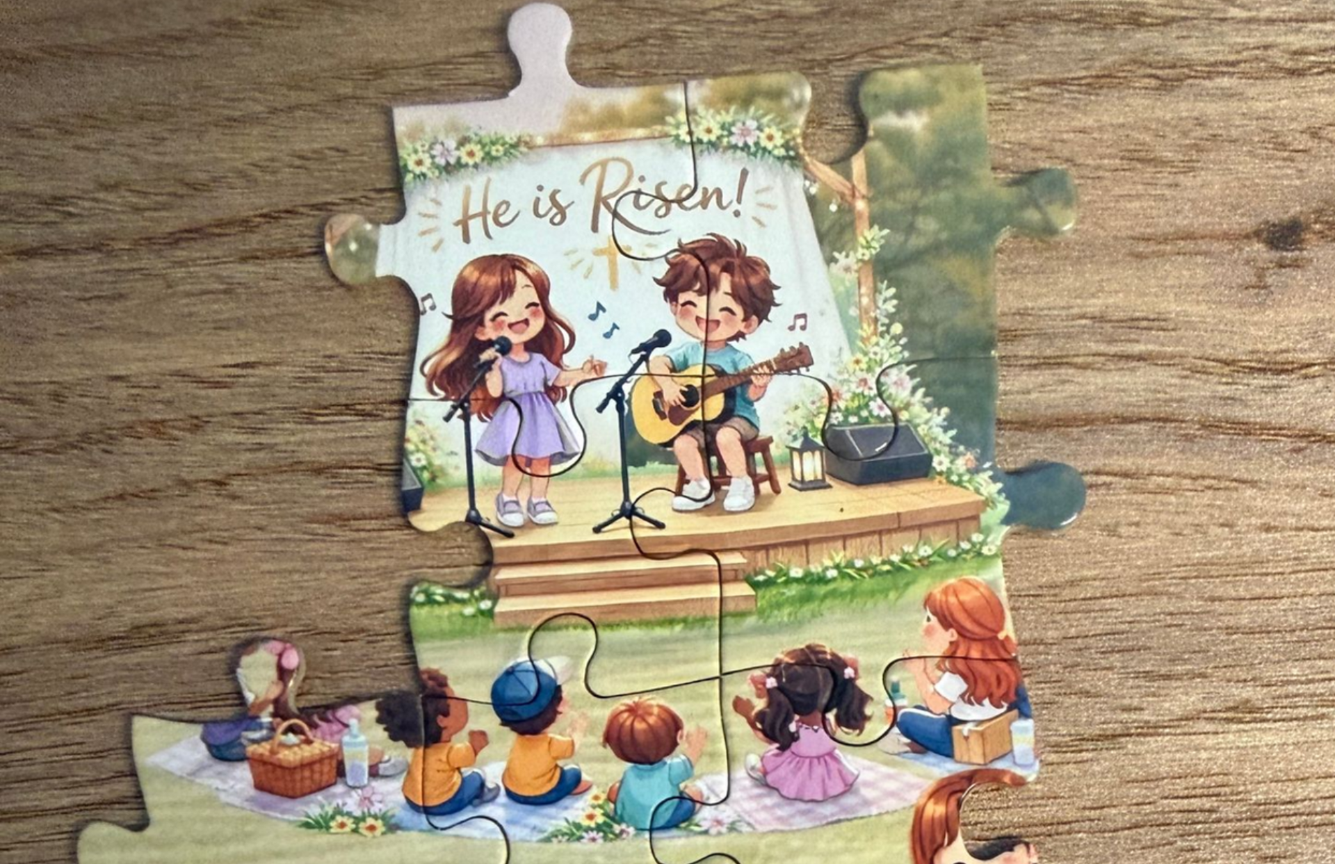 Close-up Easter puzzle piece with church stage scene and ‘He is Risen’ message, detailed jigsaw for families