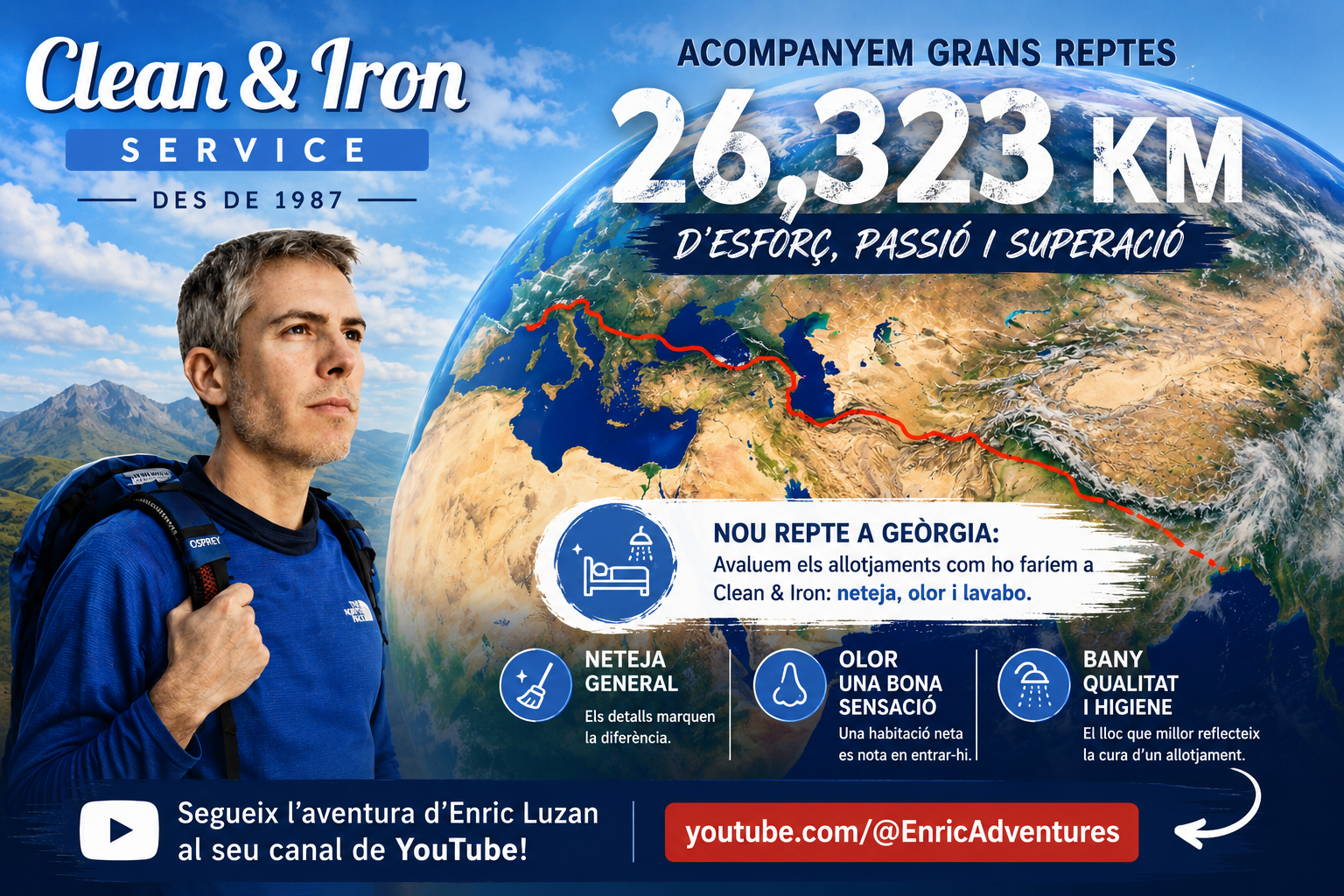 Cartel promocional de un excursionista vestido de azul con un paisaje montañoso de fondo, con la inscripción “26.323 km” y “Servicio de limpieza y planchado”.