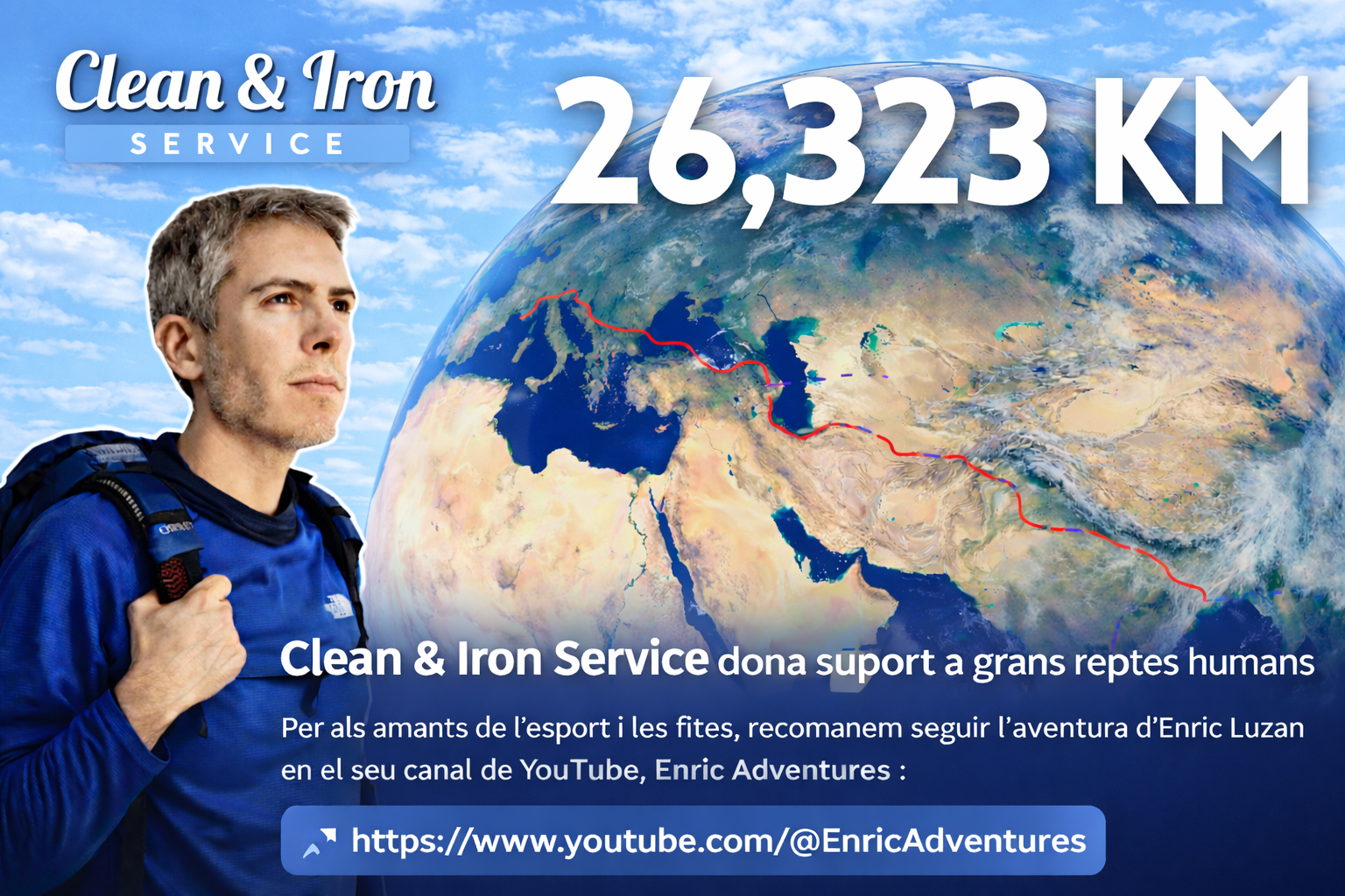 Home amb motxilla i globus terraqui amb una línia vermella que indica 26.323 km. La volta al món